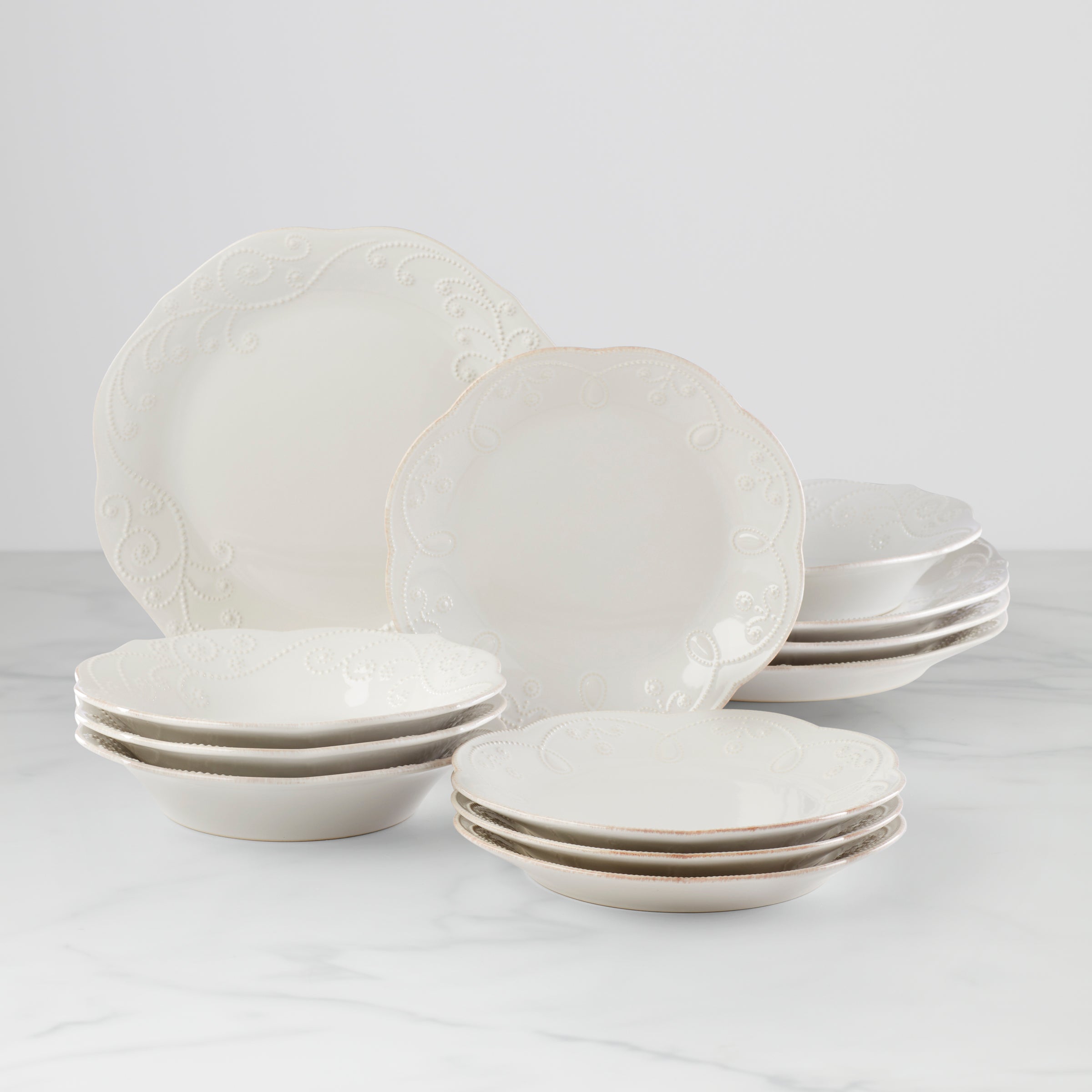 White Scalloped Stoneware Set with Pasta Bowls, 12-Piece