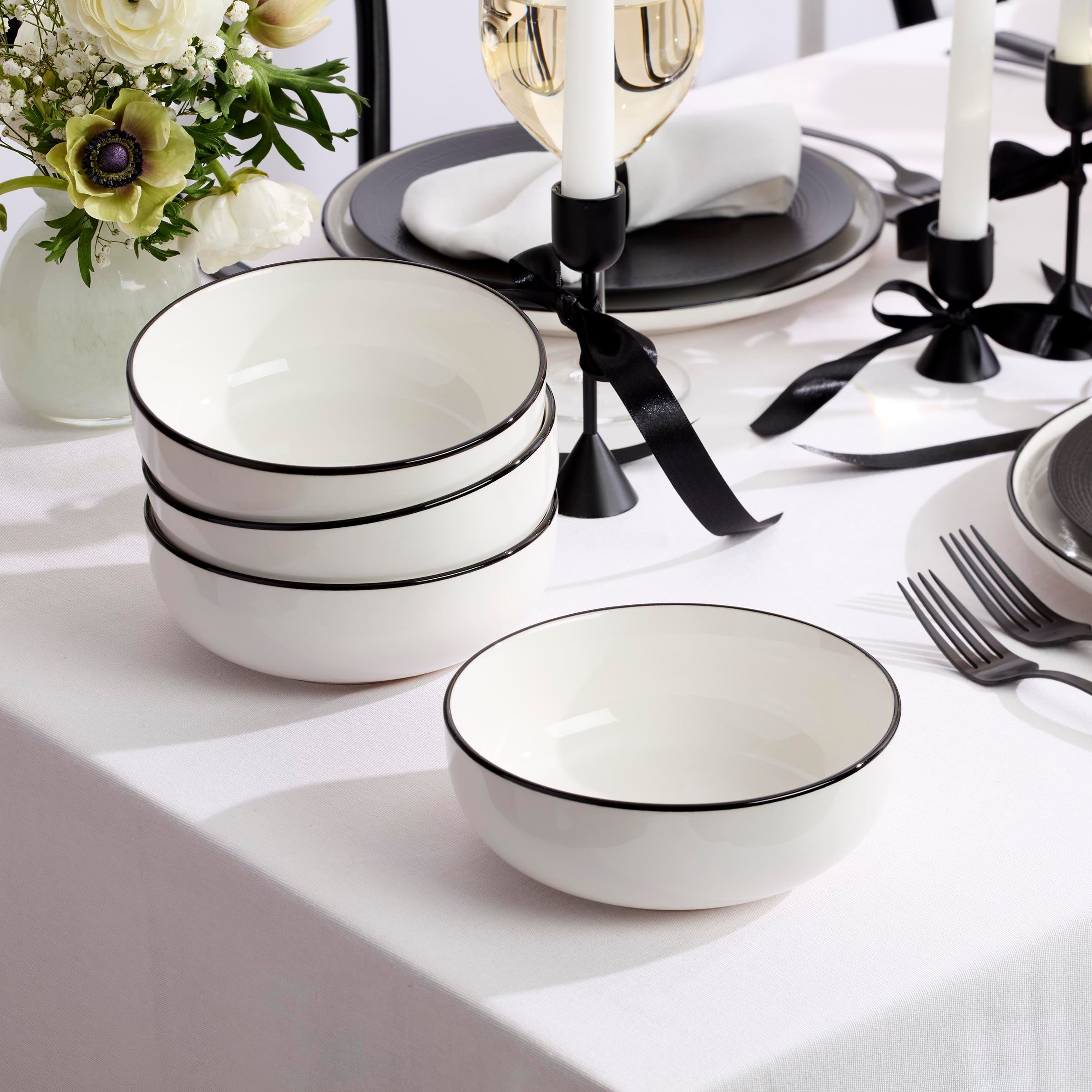 White Porcelain Black Rim Dinnerware Set, 12-Piece - Image 2