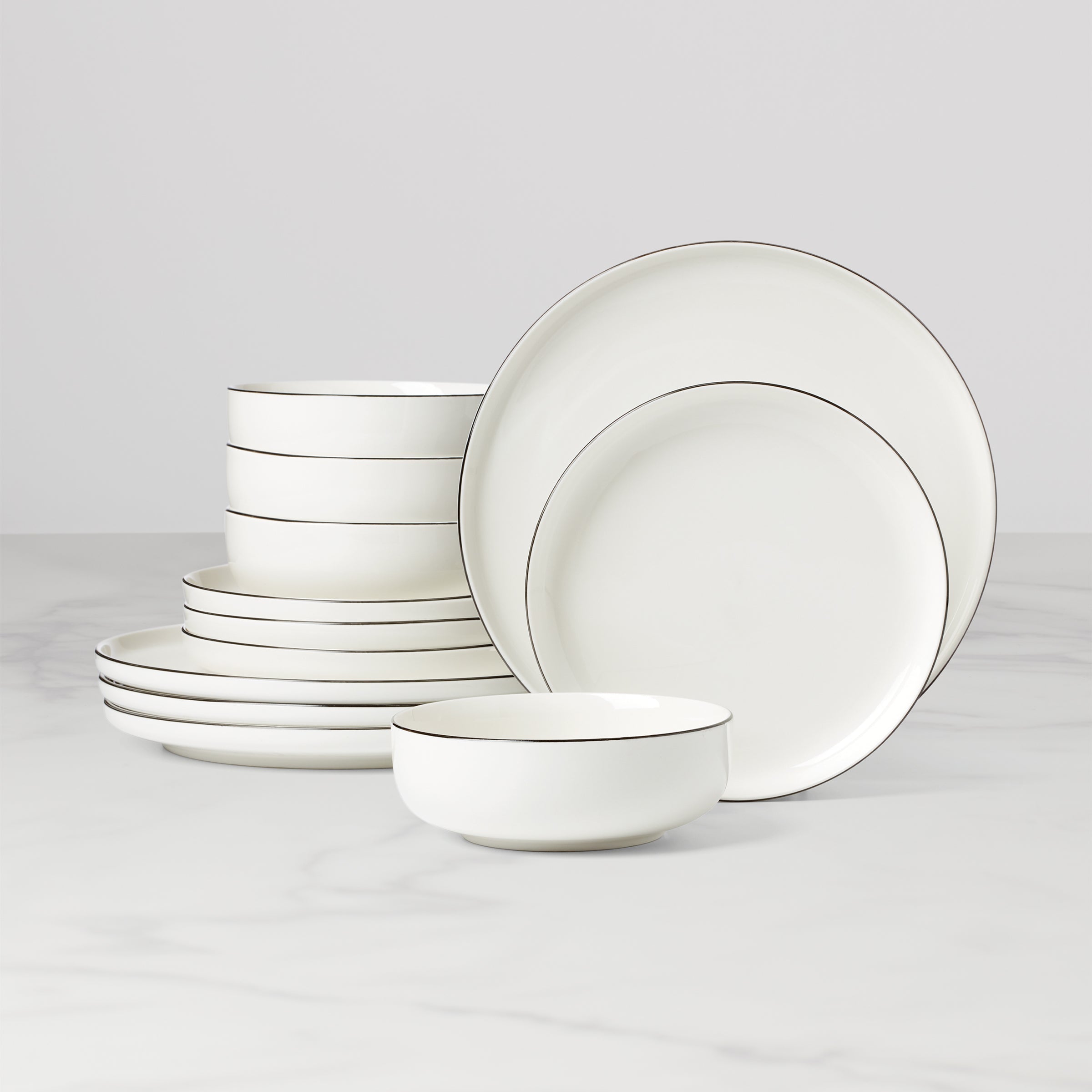 White Porcelain Black Rim Dinnerware Set, 12-Piece