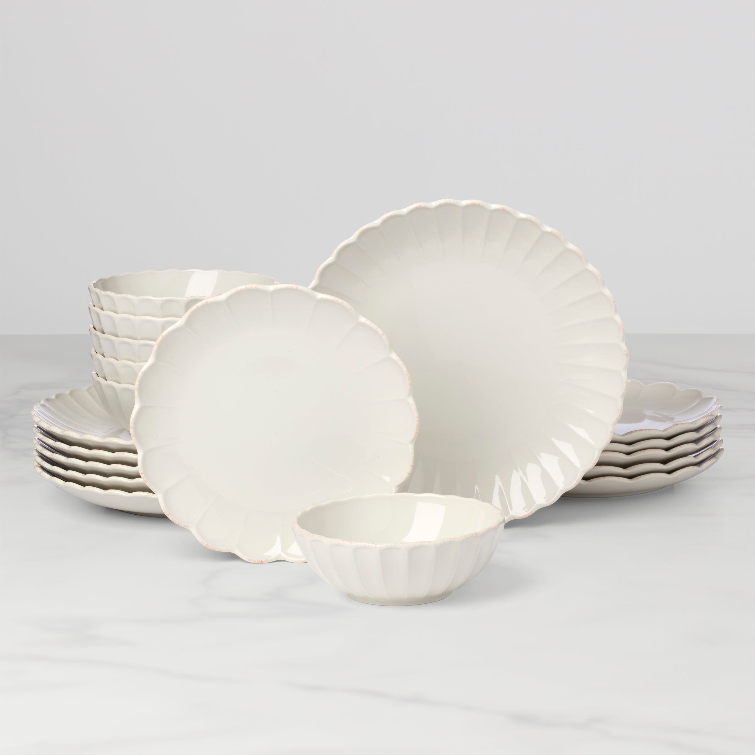 White Scalloped Stoneware Dinnerware Set, 18-Piece